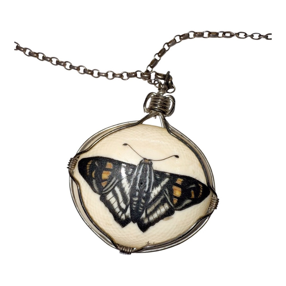 Vintage White-Lined Sphinx Moth Pendant on Silvertone Linked Chain Necklace